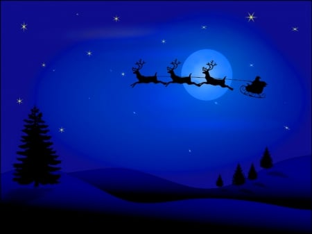 In the blue Christmas sky - santa, sky, reindeer, sleigh, blue, night, christmas