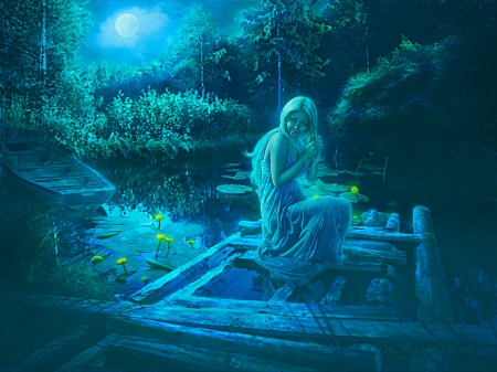 Night Beauty - blue, beautiful, jessica truscott, boat, girl, blonde, beauty, night, fantasy, digital, woman, model, art