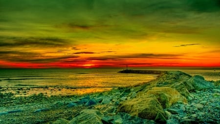 Sunset - stones, sunset, sea, clouds