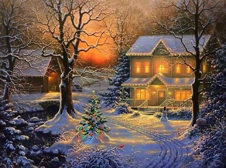 ★Holiday Blessings★ - snowman, winter, creative pre-made, paintings, snow, holidays, xmas and new year, christmas tree, New Year, Christmas, love four seasons, houses, winter holidays