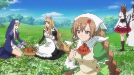 Herb Picking - pretty, anime, twin tail, female, twintail, scene, picnic, long hair, happy, group, field, shining hearts, nice, smiling, greas, twin tails, anime girl, twintails, beautiful, girl, beauty, lovely, maid, sweet, party, smile, braids