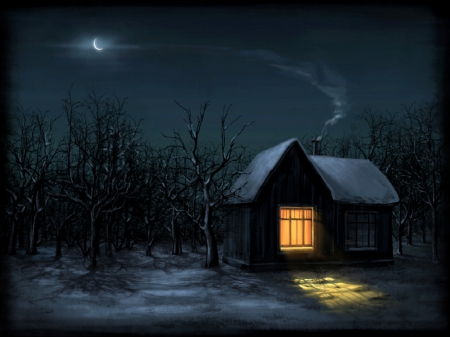 Magical Night - house, trees, evening, snow, night, light, stars, half moon, smoke, sky