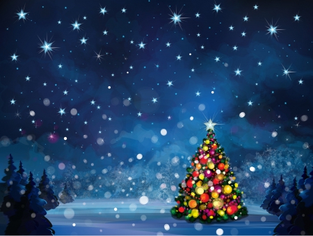 Winter Glow - vector, stars, sky, trees, pine, winter, fir, glow, christmas tree, clouds, blue