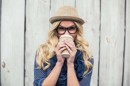 Glasses girl with coffee - hat, glasses, coffee, girl, blonde, wall