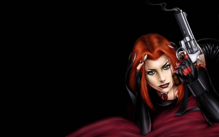 BloodRayne - gun, bloodrayne, woman, redhead, game, red, black, fantasy