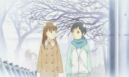 Shuichi and Yoshino - Yoshino Takatsuki, Anime Girl, Bare Trees, Anime, Anime Couple, Nitori, Wandering Son, Anime Guy, Takatsuki, Crossdressing, Hourou Musuko, Brunette, Shuichi Nitori, Yoshino, Transgender, Shuichi, Couple