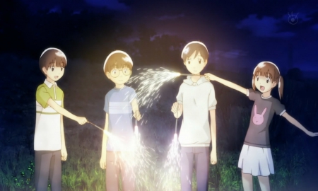 Sparklers and Friendship - night sky, anime friends, makoto, anime girl, anime guy, yoshino, nighttime, sparklers, sasa, anime, kanako, transgender, hourou musuko, yoshino takatsuki, makoto ariga, nitori, wandering son, shuichi, ariga, kanako sasa, shuichi nitori, friends, takatsuki