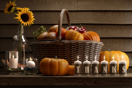 Thanksgiving - Autumn, sunflowers, melon, pumpkins, Fall, apples, fruit, Thanksgiving, candles, vase, bread, bottle, table, still life, stones, basket, thanks, glass