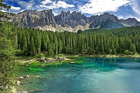 Lago di Carezza_(Italy) - forest, monumet, grass, alpine hut, architecture, scenery, panorama, view, italia, nature, italy, mountains, path, alps, valley, beauty, hills, lake, sky, houses, nice, clouds, landscapes, trees, colors, green, snow