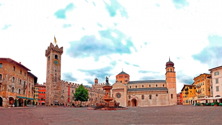 Trento (Piazza del Duomo)_Italy - sky, trees, italy, panorama, monument, antique, view, ruins, river, castle, architecture, medieval, color, old, landscapes, houses, building, ancient, hills, italia, village, town, city