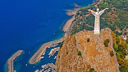 Maratea (Statua del Redentore)_Italy - ancient, statue, italy, panorama, italia, rocks, village, view, architecture, house, colors, sea, boat, landscapes