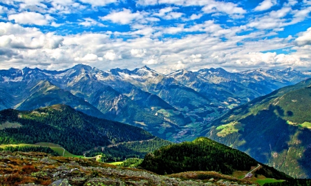 Valle Aurina_(Italy) - nice, beauty, sky, valley, italy, trees, panorama, monumet, mountains, path, view, clouds, architecture, green, grass, landscapes, alpine hut, houses, hills, light, italia, nature, forest, snow, alps, colors