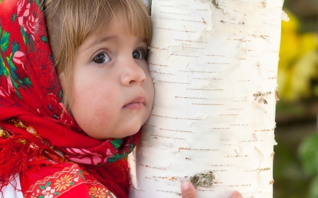 A small girl - tree, birch, girl, a small