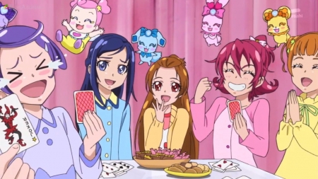 I Got Joker Card  - pretty, anime, play, kawaii, female, food, long hair, happy, laugh, short hair, dokidoki precure, nice, smiling, anime girl, girl, table, lovely, sweet, playing, pretty cure, cards, laughing, smile, precure, magical girl, cute, adorable