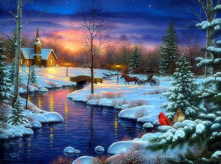 â˜…Holy Nightâ˜… - love four seasons, outdoor, xmas and new year, beautiful, holidays, christmas, river, bridges, nature, paintings, colorful, new year, winter, churches, cardinals, winter holidays, xmas, church, night, white trees, peaceful, horse carriage, eve, creative pre-made, lovely, splendor, colors, color, snow