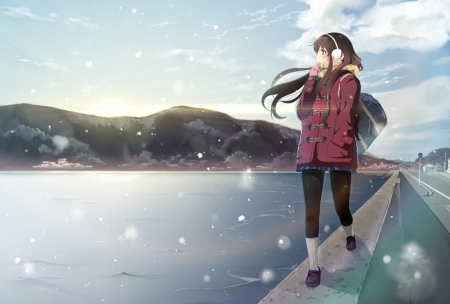 By the Sea - pretty, anime, kawaii, female, scenery, walking, windy, scene, walk, long hair, mountain, look, nice, sky, breeze, hill, anime girl, girl, sea, scenic, lovely, sweet, ocean, looking, jacket, cloud, watching, adorable