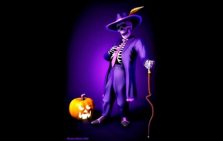 Bone man - hat, orangew, feather, pumpkin, skull, black, fantasy, bone man, purple, halloween, skeleton, michael wilson