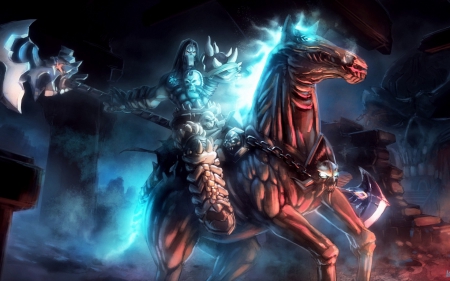 Darksiders 2 - Darksiders2, blue, man, horse, knight, fantasy, Loyvet Pierre, red, art