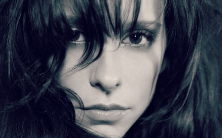 Jennifer Love Hewitt - face, portrait, black, jennifer love hewitt, actress, girl, blue, white, woman