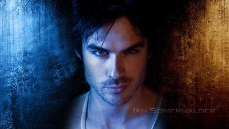 Ian Somerhalder - vampire diaries, actor, blue, tv series, Ian Somerhalder, orange, man, damon