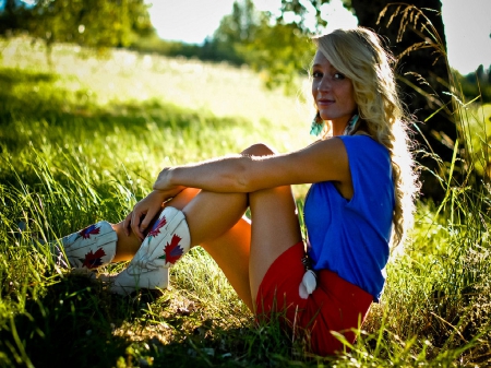 Cowgirl Pose - girls, shorts, women, models, ranch, cowgirls, outdoors, fun, female, boots, blondes