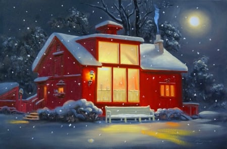 Winter house - house, winter, snowflakes, beautiful, evening, snow, night, moonlight, nature, painting, peaceful, art, cottage, sky