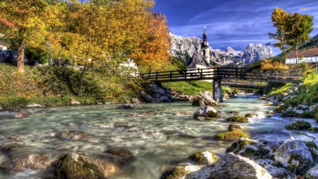 Church by the Rocky River - nature, churches, rivers, bridge