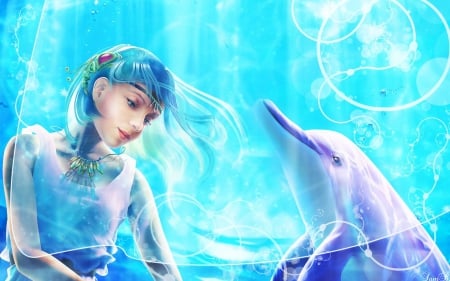 Eternal Dance - dolphin, digital, water, artwork, sea, woman