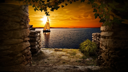 Sunset - cave, lake, Sunset, sailing