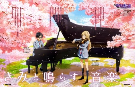 Spring Music - love, couple, long hair, music, spring, piano, cherry blossom, pretty, sakura, romance, anime, cute, manga