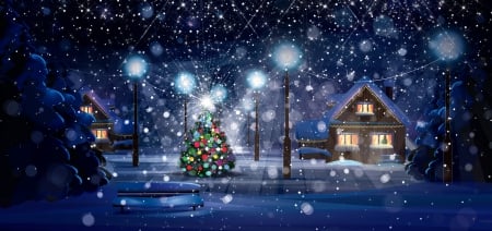 Winter Night - cottage, snowfall, sky, stars, night, winter, street lights, christmas tree, lantern, snow, homes, snowing, lights