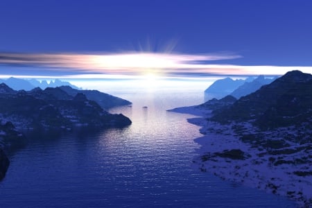 Morning Sunrise - sky, ocean, mountain, sun, water, sunset, bay, coast, norway, blue, clouds, sea