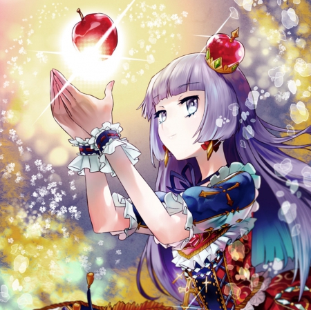 Red Apple - pretty, anime, magic, female, dress, light, long hair, shining, fruit, nice, purple hair, anime girl, beautiful, girl, beauty, lovely, sweet, glow, fantasy, glowing, apple, shine