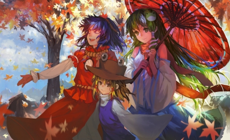 Kochiya, Moriya & Yasaka - hat, anime, moriya suwako, kochiya sanae, leaves, tree, umbrella, touhou, yasaka kanako, autumn, friends