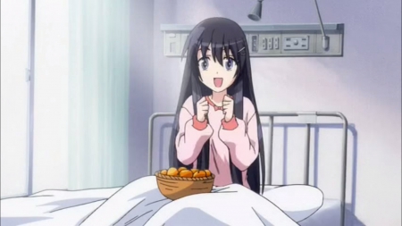 Akiba Rika - pretty, Hanbun no Tsuki ga Noboru Sora, anime, kawaii, female, long hair, happy, akiba rika, bed, fruit, nice, smiling, akiba, anime girl, girl, lovely, bedroom, sweet, rika, excited, smile, oranges, hanbun, black hair, cute, adorable