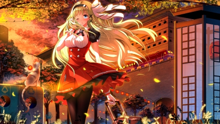 Beginning of a New Journey Encounter - maiden, cat, blonde, ribbon, blond, kitty, city, blowing, lolita, anime, cg, loli, lovely, female, gown, beautiful, girl, anime girl, wink, blonde hair, lady, leaf, tree, autumn, pretty, wind, beauty, sweet, windy, hd, dress, train, town, long hair, kitten, nice, scene