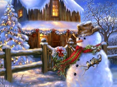 â˜…Wood House of Snowmanâ˜… - animals, creative pre-made, pretty, color, paintings, birds, xmas and new year, snowman, houses, winter, lovely, christmas, christmas tree, love four seasons, holidays, snow, winter holidays, beautiful, splendor, colors