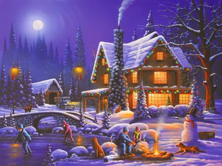 Holiday spirit - wide screen, cottage, peaceful, illustration, painting, spirit, art, evening, artwork, holiday, architecture, moonlight, bridge, snowman, houses, winter, occasion, christmas, village, december, snow, beautiful, scenery, cabin, lights