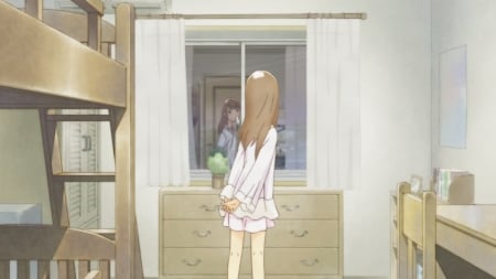 Reflection - pretty, anime, kawaii, female, window, scene, dress, reflection, long hair, home, curtain, bed, nice, drawer, anime girl, beautiful, girl, table, beauty, lovely, brown hair, bedroom, sweet, blouse, desk, cute, adorable