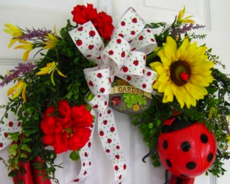 House Decor - ribbon, flowers, lady bug, door