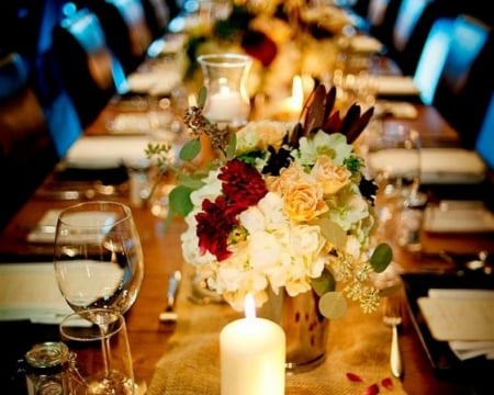 Flowers and Candles - flowers, table, candle, glow