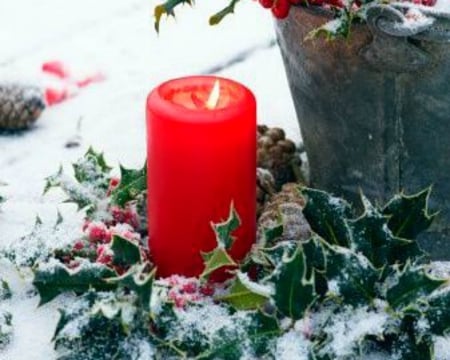 Red Candle for Christmas - candle, decor, snow, christmas