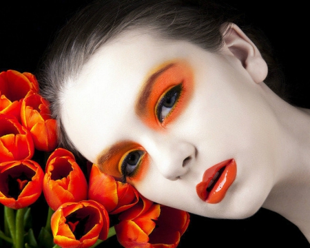 Pretty Face - flowers, face, orange, woman