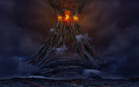 Volcano - game, fantasy, volcano, blue, fire, orange, art, dark