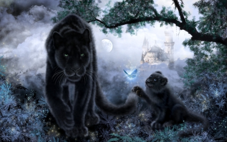 Jaguar family - rendering, cub, jaguar, black, fantasy, panther, art, castle, animal