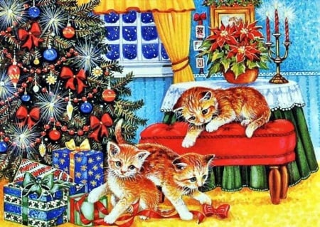 Christmas Kitties - ornaments, cats, gifts, tree, artwork, glitter