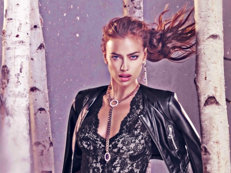 Irina Shayk - winter, pink, black, wind, model, girl, irina shayk, woman, snow