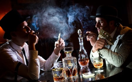 A Game of Cards - glasses, drink, cigar, class, game, hats, play, cards, alcohol, men, smoke