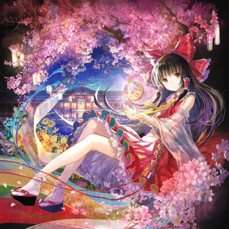 Shrine Maiden - nice, beauty, female, magic, anime girl, cherry blossom, touhou, pretty, petals, anime, sakura blossom, reimu, ribbon, cute, hakurei, adorable, girl, shrine maiden, long hair, hakurei reimu, lovely, cg, hd, kawaii, floral, fuji choko, beautiful, blossom, shrine, sweet, dress, flower