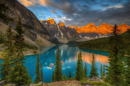 Moraine Lake, Banff National Park - reflections, clouds, canada, firs, alberta, mountains